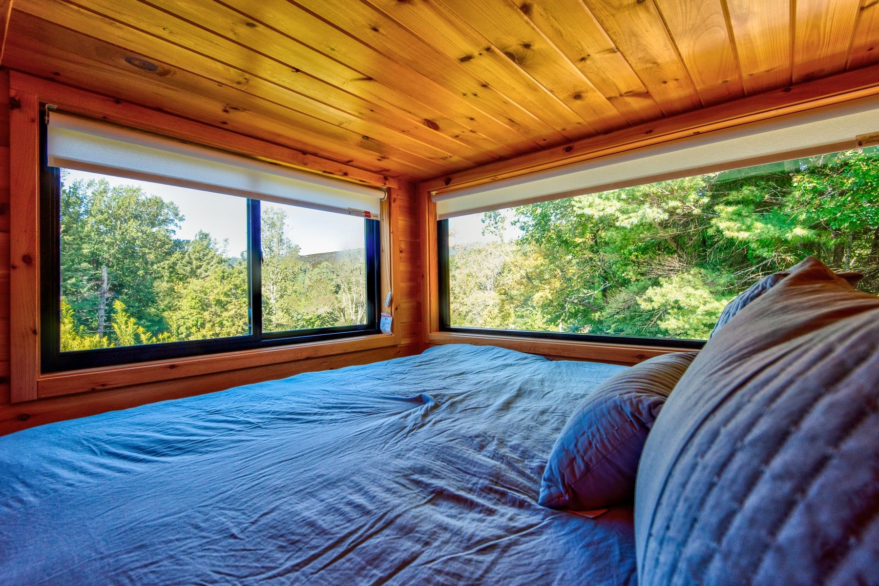 A room with a bed, two windows, and a view of a forest.