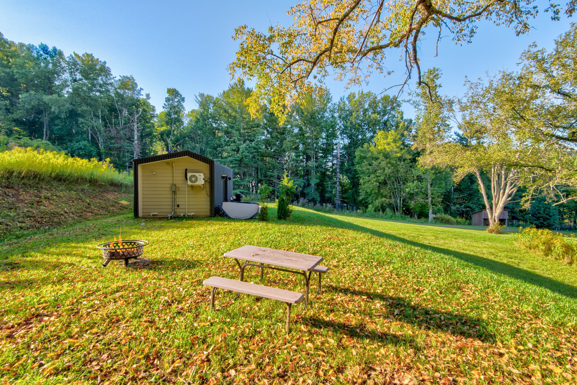 A wooden shed with a small fire pit and picnic table in a grassy yard with trees in the background.