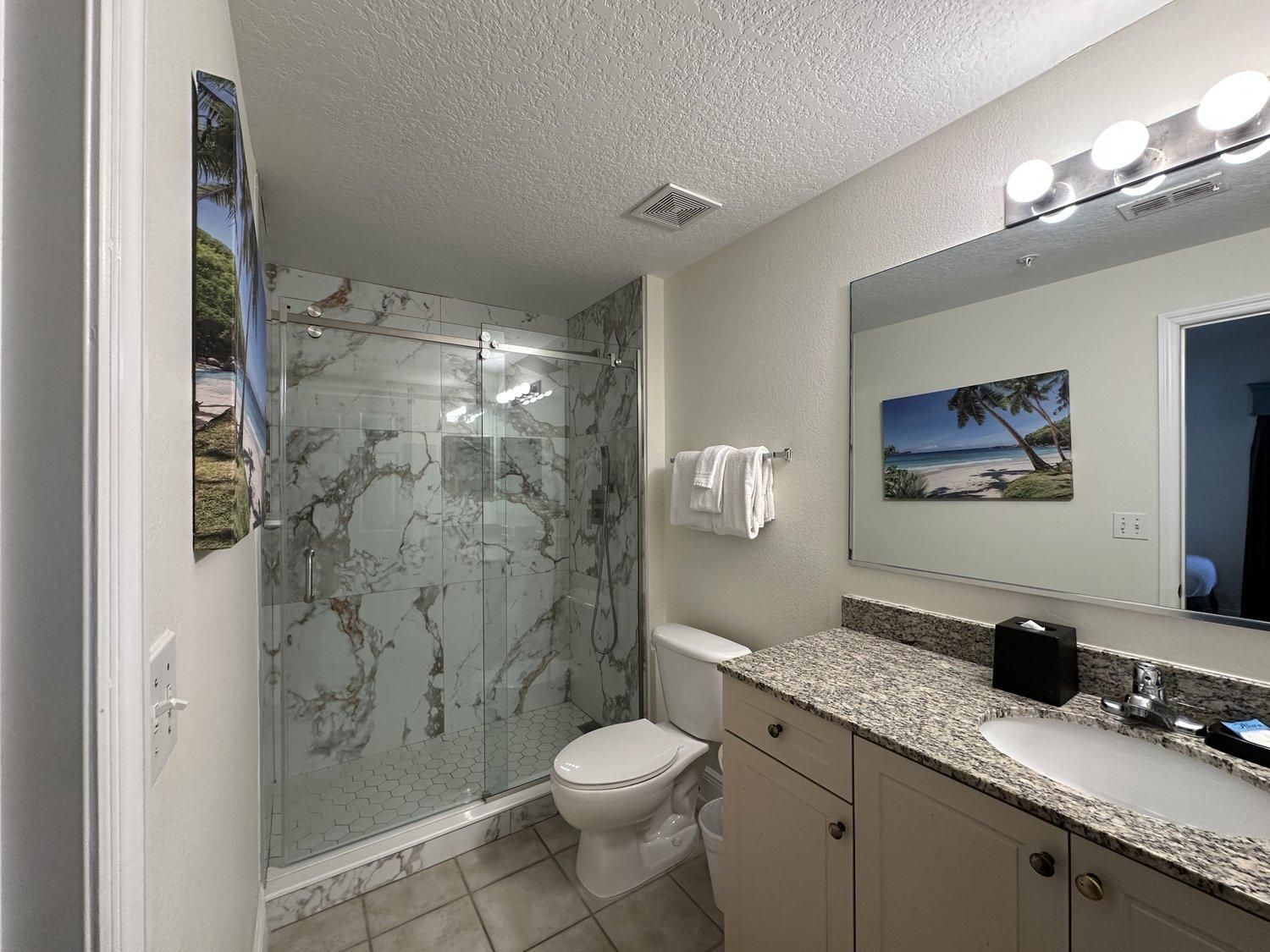 A bathroom with a glass-enclosed shower, a toilet, a sink with a granite countertop, and a large mirror with lights above it.
