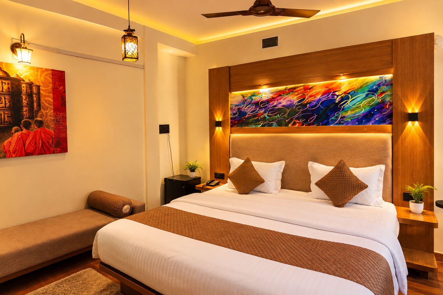 A modern hotel room with a large bed, a bedside table, a nightstand, a ceiling fan, and a vibrant abstract painting on the wall.
