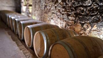Wooden barrels lined up against a stone wall in a dimly lit cellar.