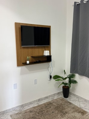 Una sala moderna con un televisor montado, un estante con una planta y otra planta en el suelo.