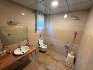 Une salle de bain avec un lavabo, des toilettes et une douche.