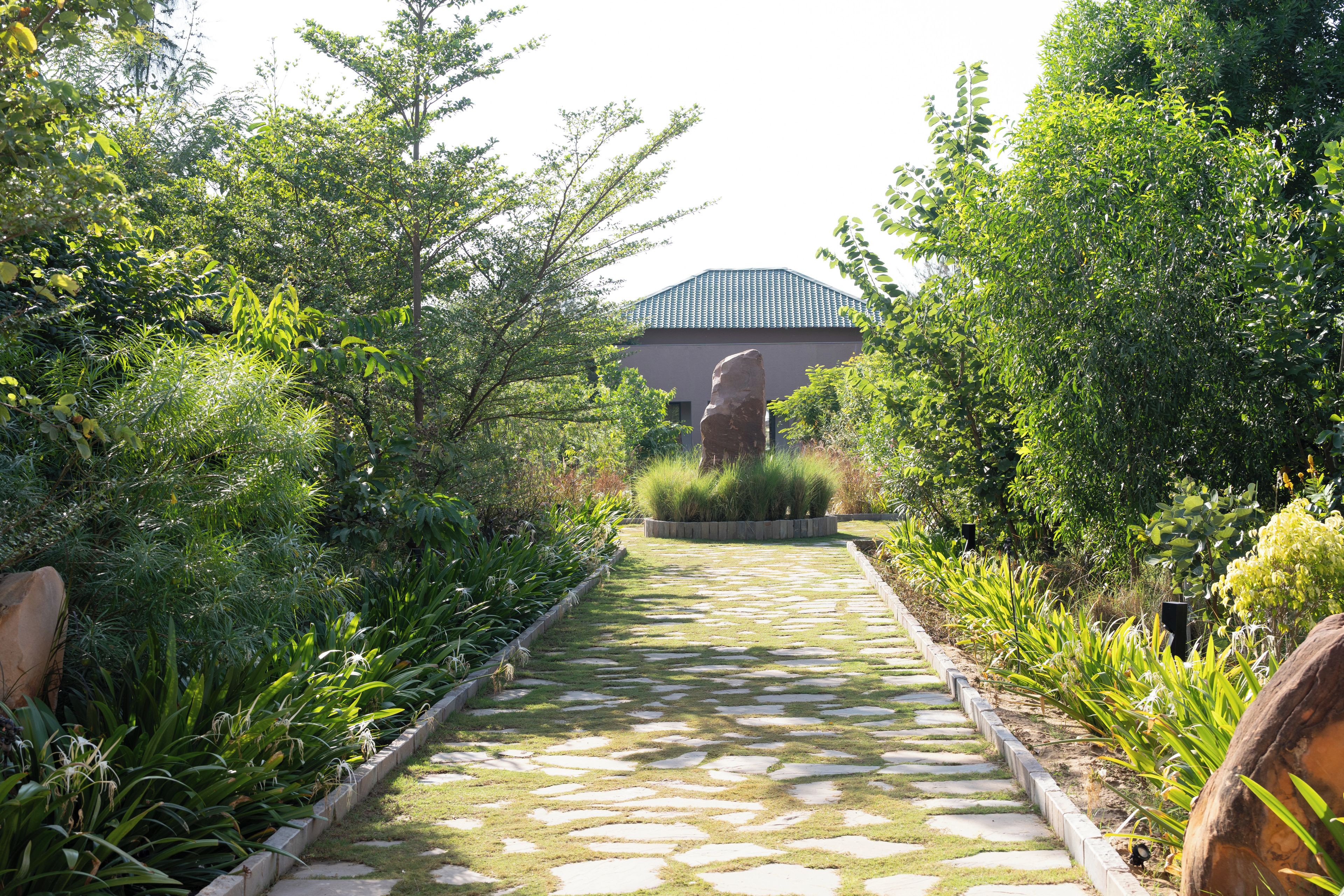 A pathway leading to a building with a tiled roof, surrounded by lush greenery and a stone border.