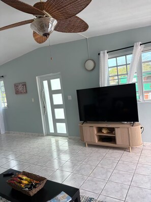 Un salon avec un téléviseur posé sur un meuble en bois, un ventilateur de plafond, une fenêtre avec des rideaux et une porte avec un interrupteur.