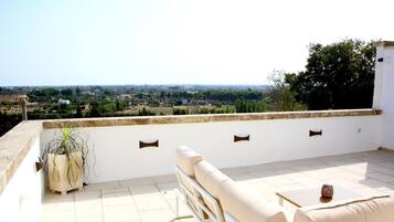 Eine Dachterrasse mit einer Couch und einem Blumentopf, mit Blick auf eine Stadtlandschaft.
