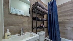 A bathroom with a white sink, a mirror, a toilet, and a blue shower curtain. - Free Parking | Fast Wi-Fi | DT (Detroit)