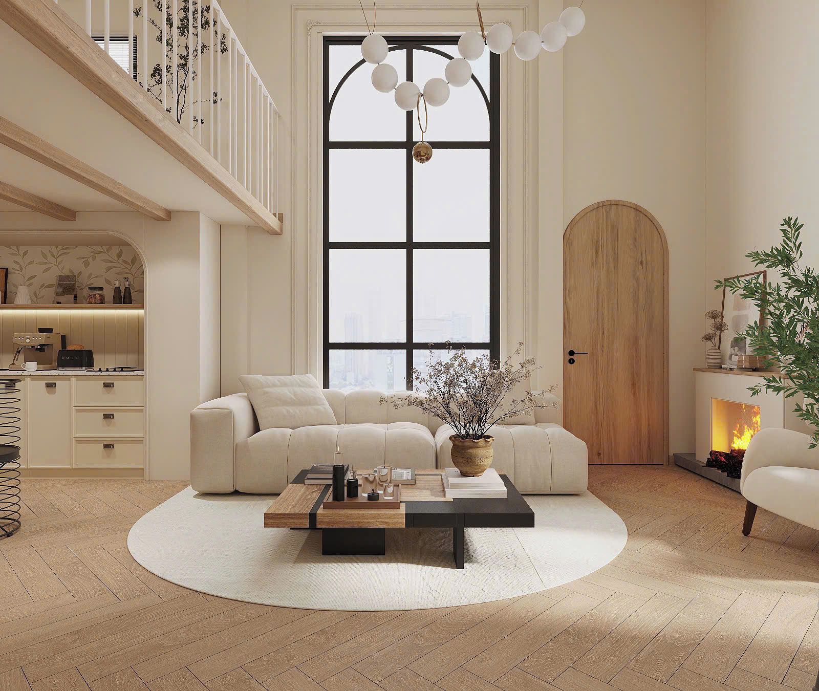 A spacious living room with a large window, a fireplace, and a kitchen area visible in the background.