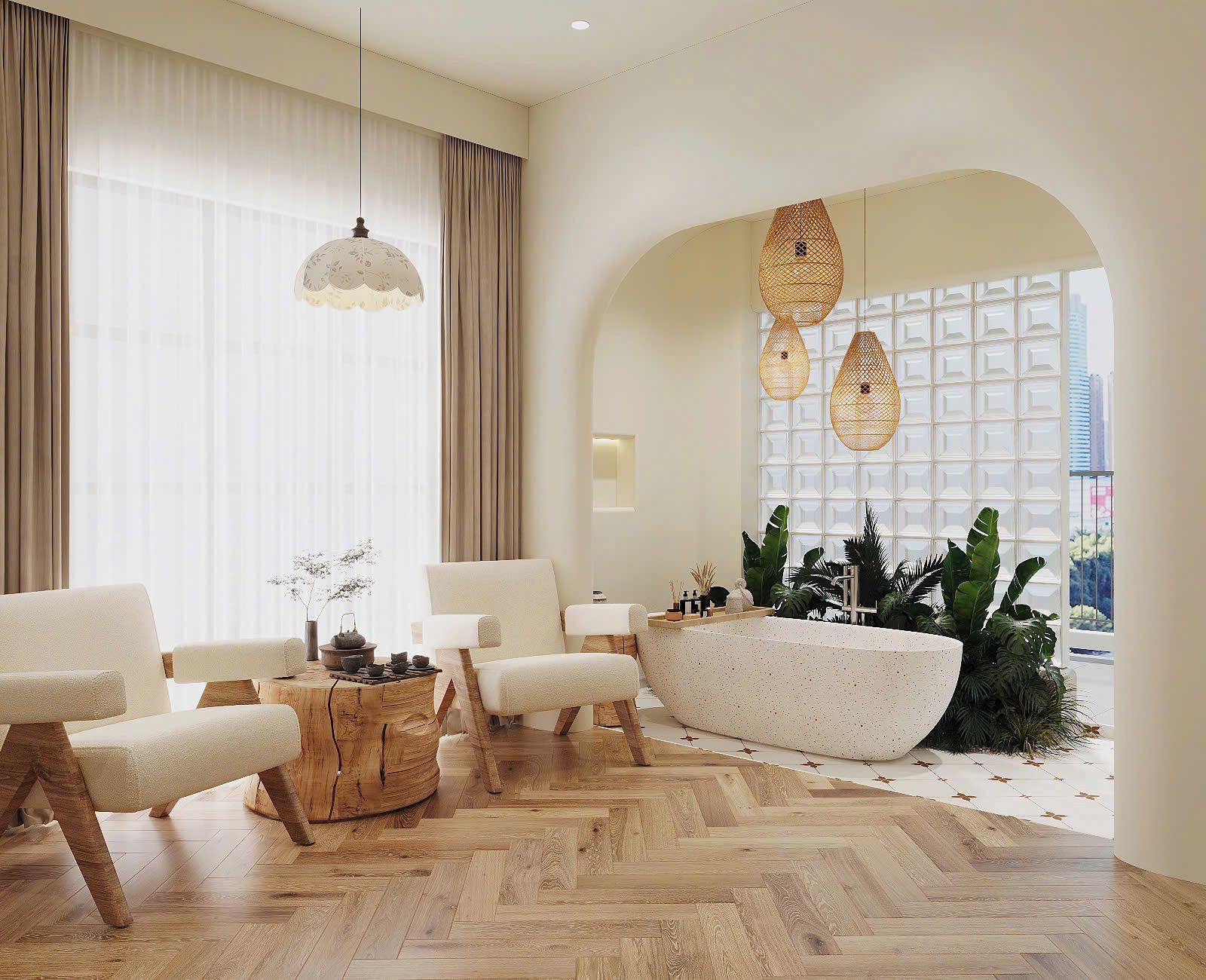 A modern interior with a large window, wooden flooring, and a seating area with chairs and a round wooden table.