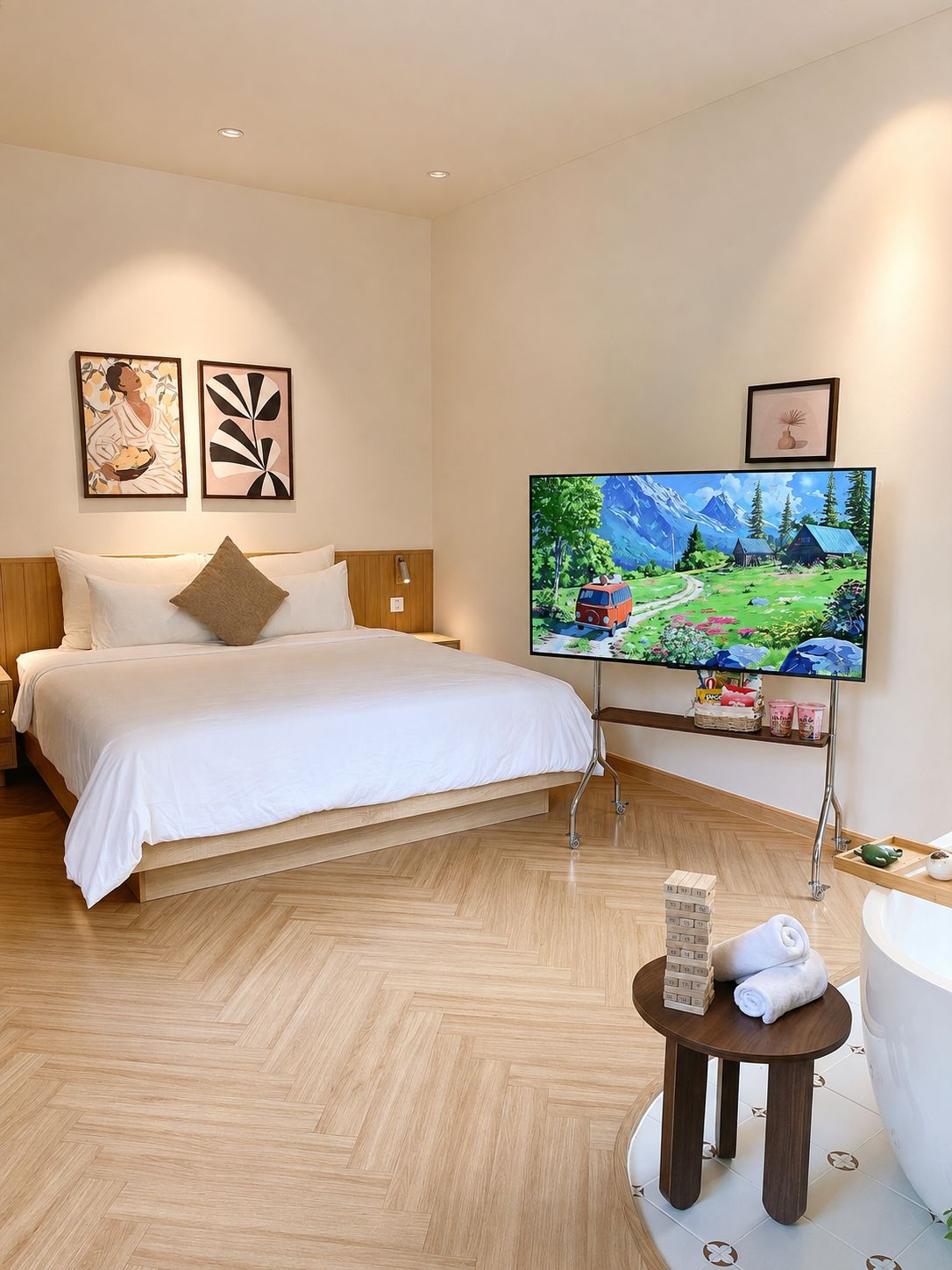 Ett hotellrum med en säng, en tv, ett litet bord med en handduk och ett trägolv.