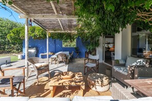 An outdoor patio with wicker furniture, a blue wall, and a pergola covered with vines. - Country House 'Monte do Campaniço' between mountains and sea, Private Pool and Wi-Fi (Tanganheira)