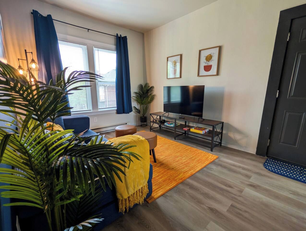 A living room with a sofa, a TV, a coffee table, and a large plant.
