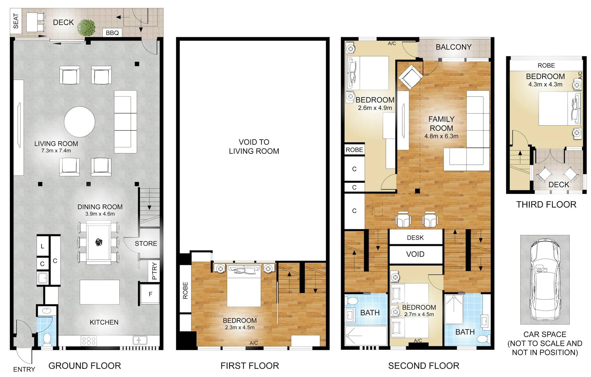 A property layout with a ground floor, two floors, and a third floor.