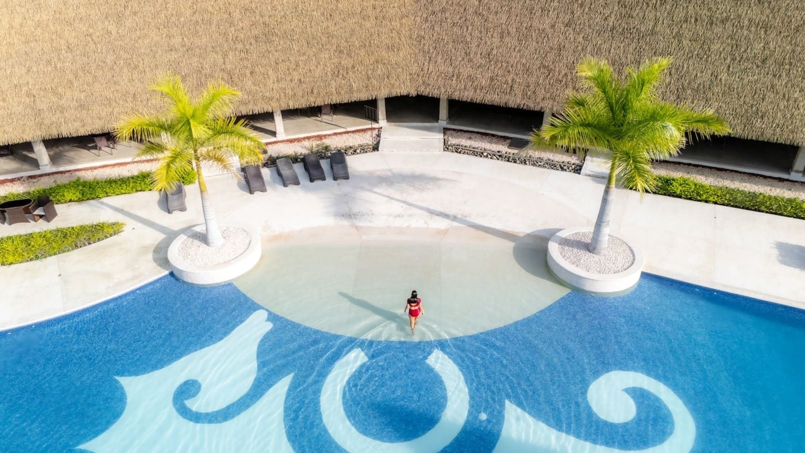 A swimming pool with a person walking in the center, surrounded by lounge chairs and palm trees.