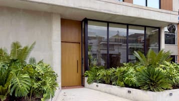 A modern building entrance with a wooden door, large windows, and potted plants.