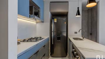 Une cuisine moderne dotée d’une cuisinière à gaz intégrée, d’appareils électroménagers en acier inoxydable, d’un évier et d’un luminaire suspendu.