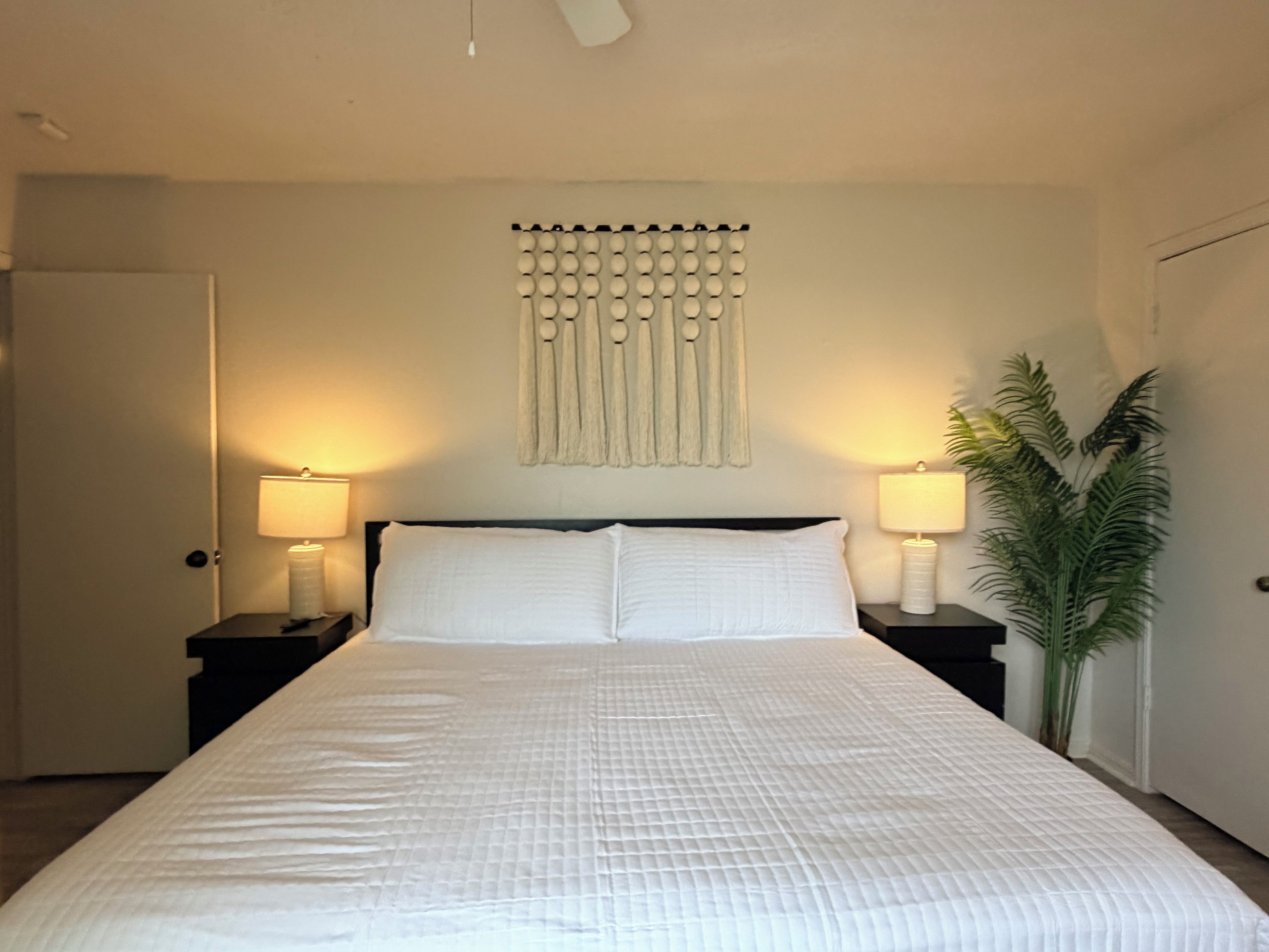 A bedroom with a large bed, two bedside tables with lamps, a wall-mounted light fixture, and a potted plant.