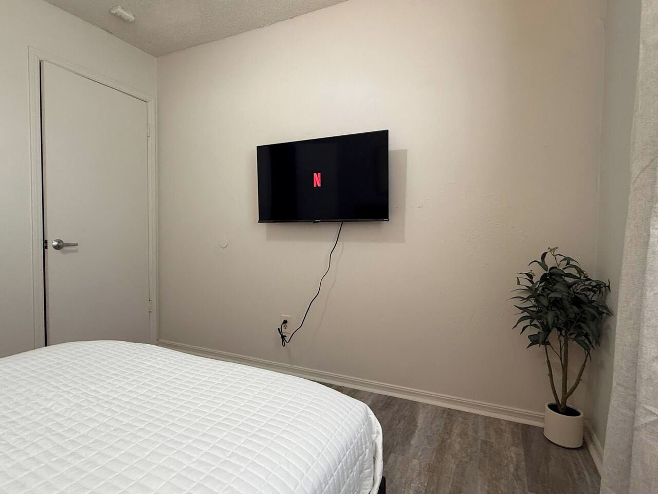A bedroom with a bed, a wall-mounted television, and a potted plant.