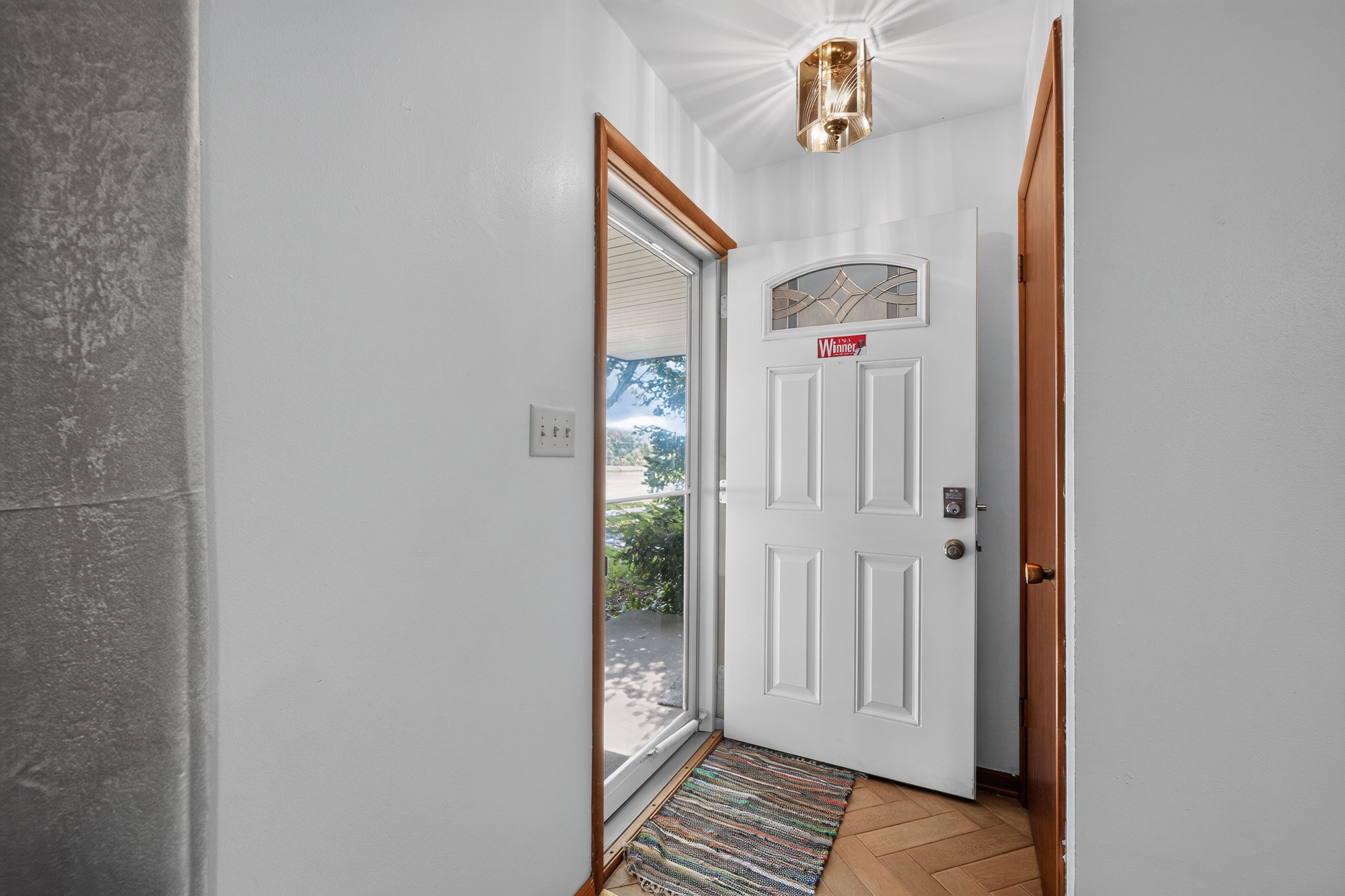 A hallway with a white door, a small rug, and a ceiling light fixture.