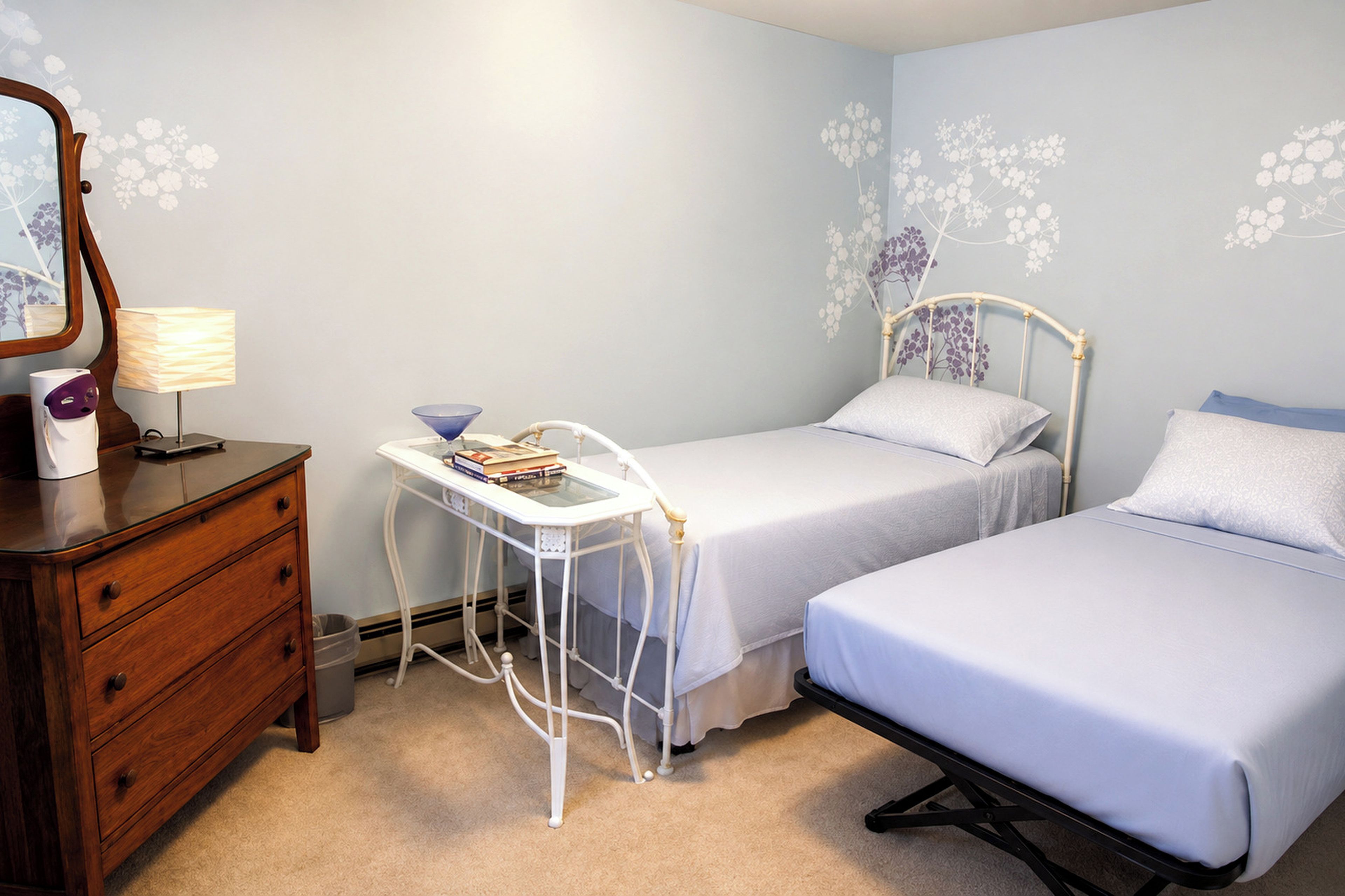 A bedroom with two beds, a bedside table, a dresser, and a mirror.