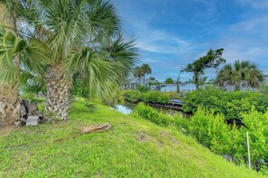 A lush landscape with a palm tree, a small water body, and a distant view of houses. - Canal-front Englewood Cottage Near Beaches (Englewood)