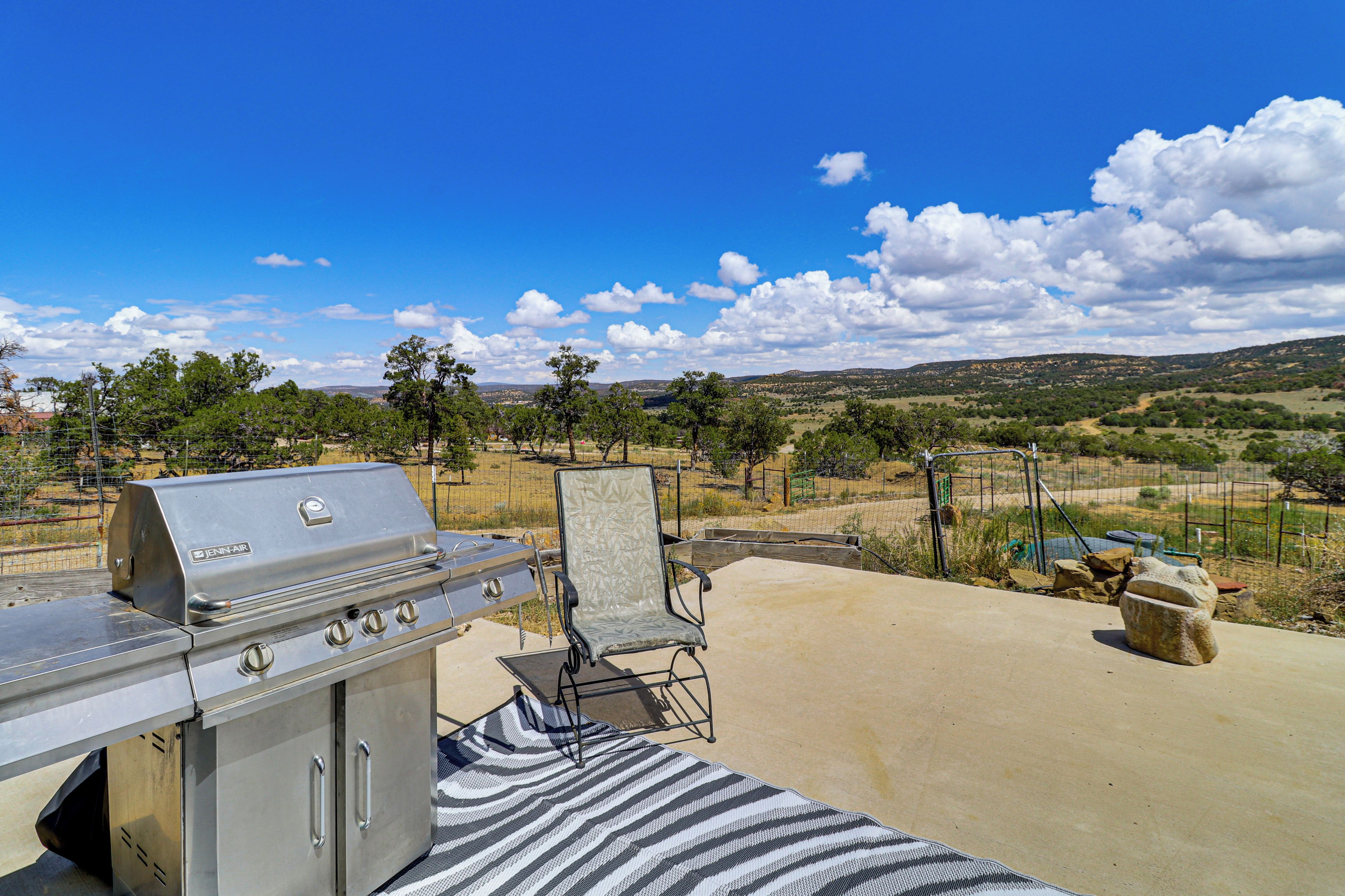 An outdoor patio with a grill, a striped rug, and a view of a hilly landscape.