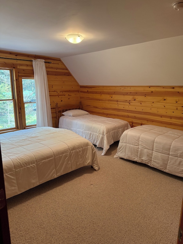 A room with two beds, a window with curtains, and a ceiling light.
