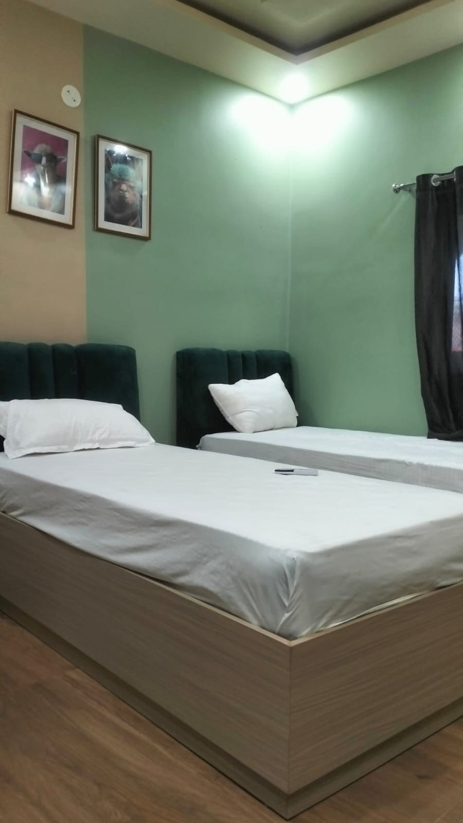 Una habitación con dos camas, una pared verde y una lámpara en el techo.