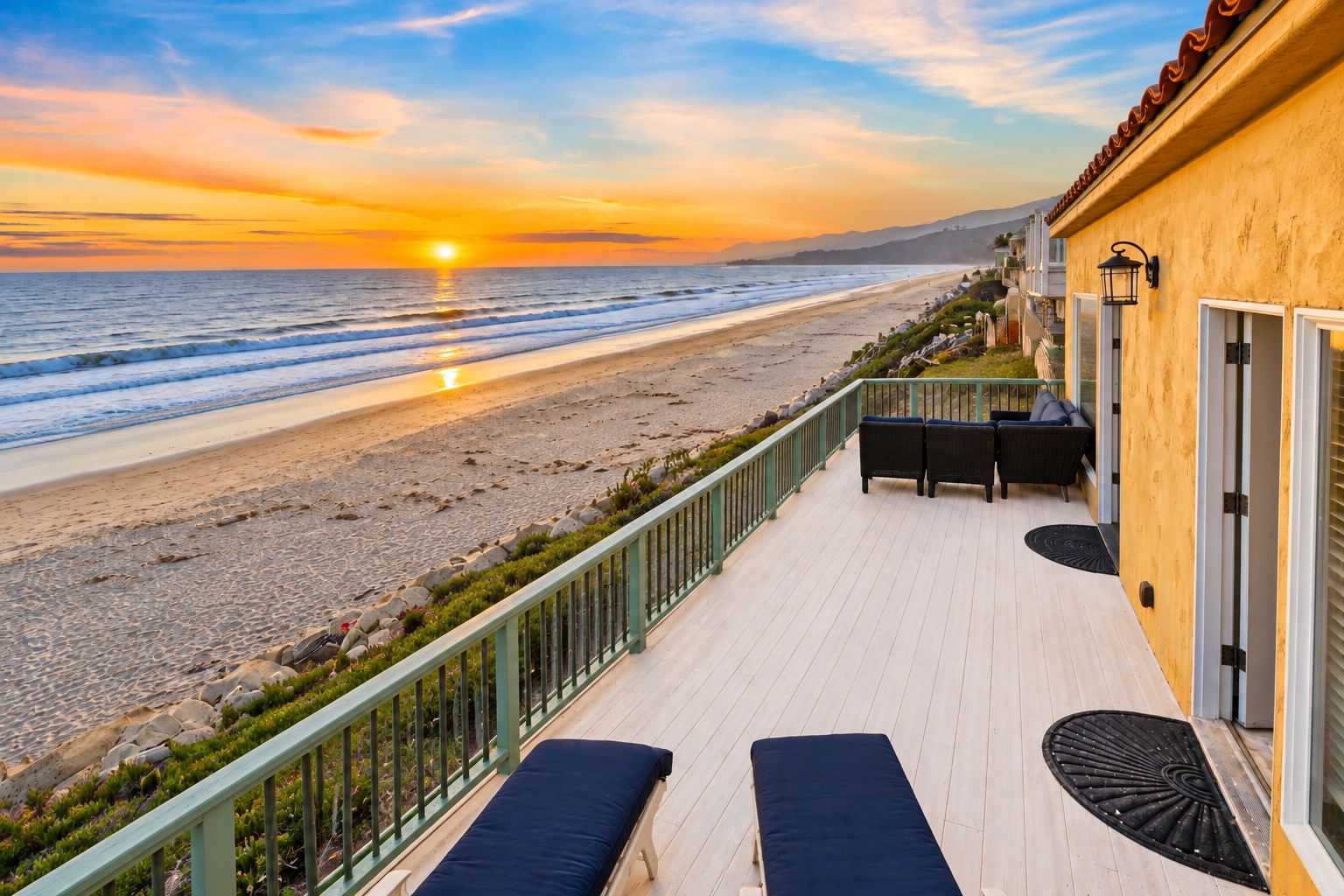 Een terras met twee ligstoelen met uitzicht op een strand bij zonsondergang.