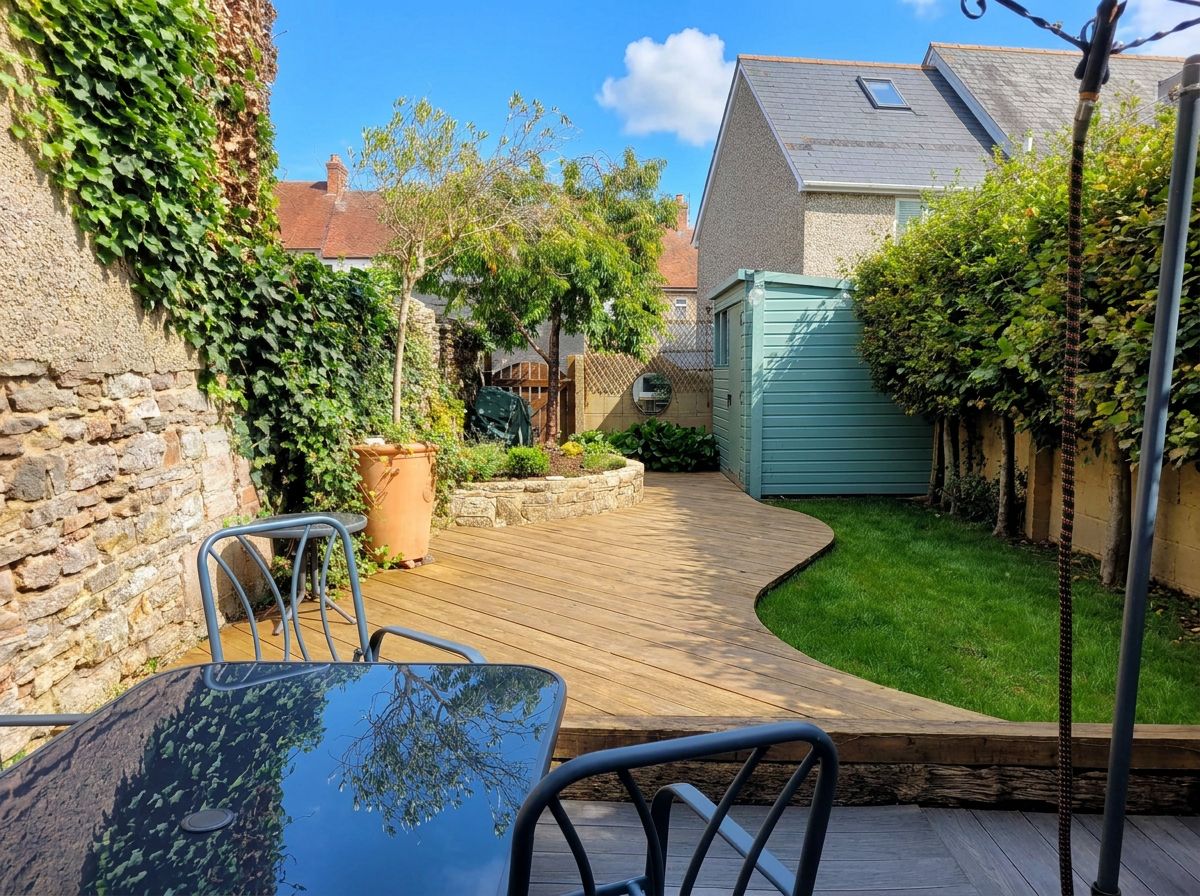 Une terrasse en bois avec une table et des chaises, entourée d’un mur de pierres et de verdure.