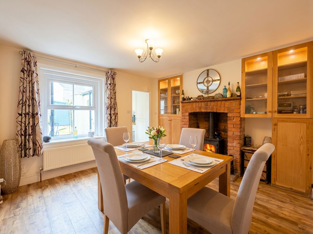 Un comedor con una mesa de madera dispuesta para cuatro personas, flanqueada por sillas, una chimenea y estanterías empotradas con varios objetos.