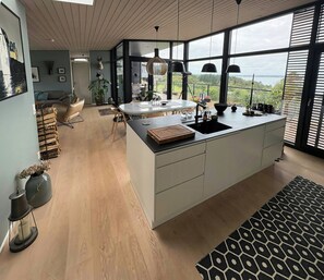 A modern kitchen with a large island, a dining area with a view, and a living space with a sofa and a plant.