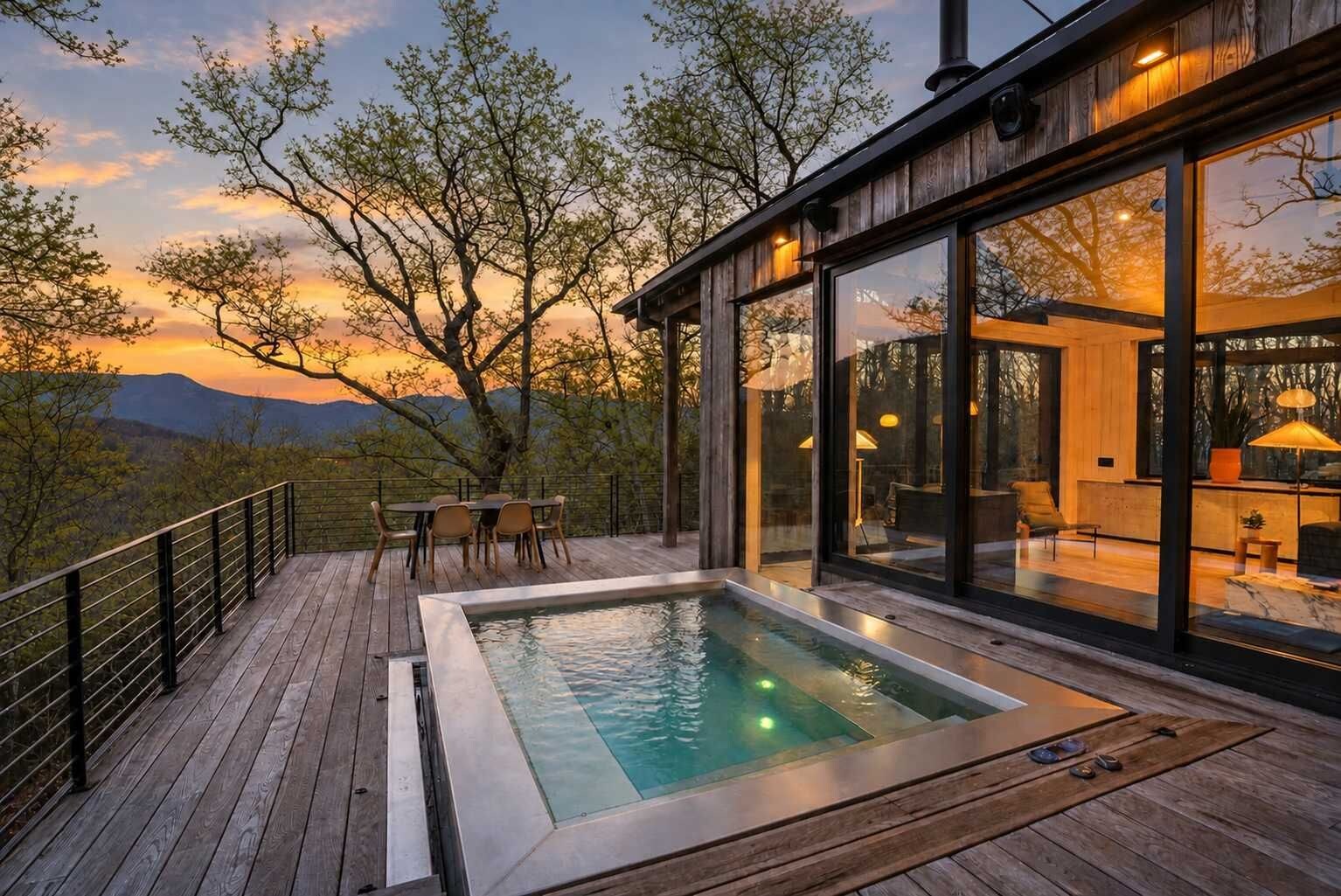 A modern outdoor pool area with a wooden deck, glass walls, and a view of the mountains.