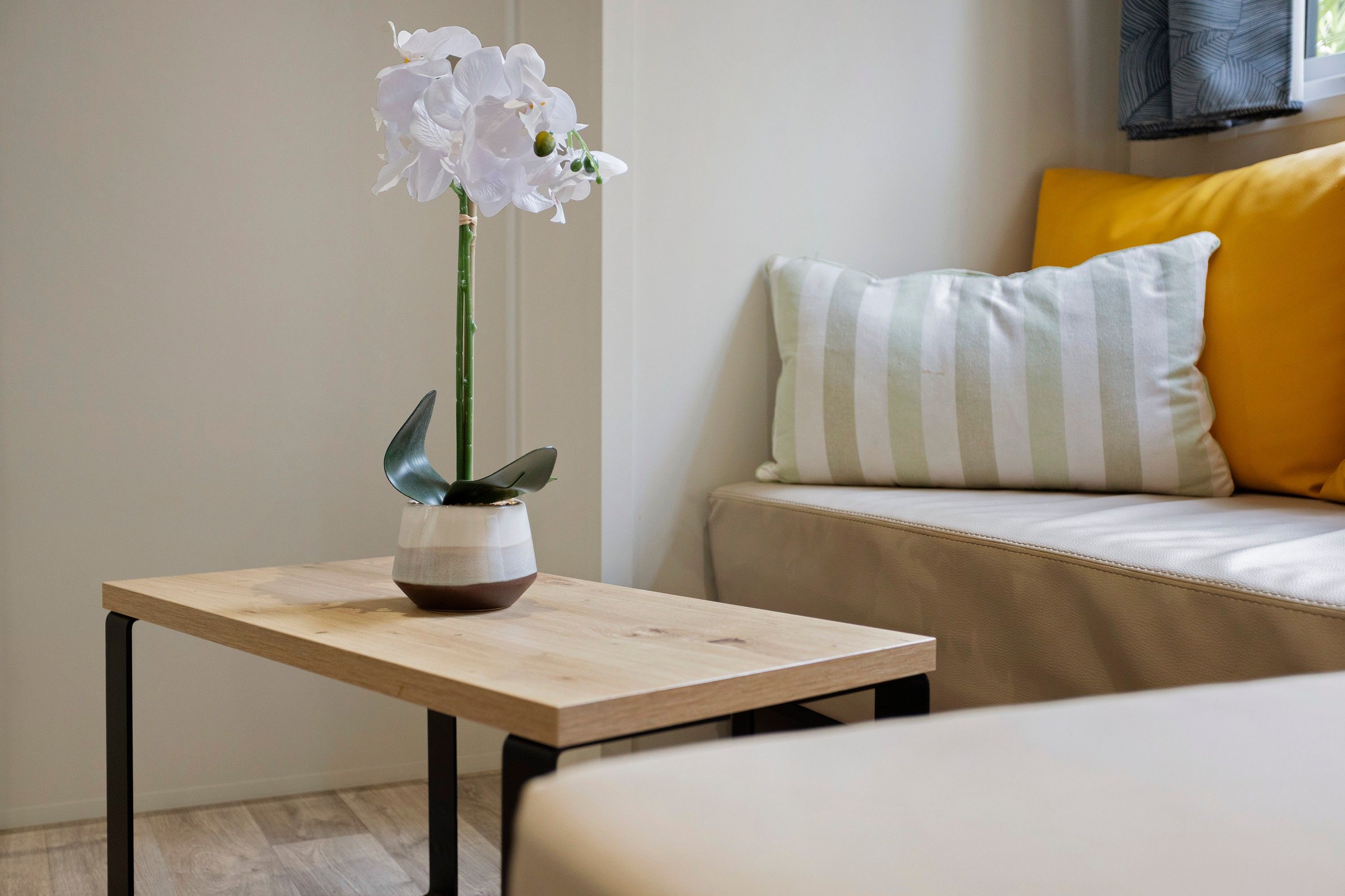 A potted orchid on a wooden table in a room with a sofa and a striped pillow.