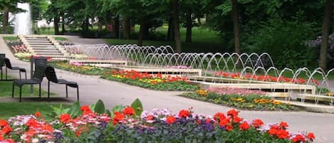 Un parque con un sendero pavimentado, bancos y diversos macizos de flores de colores.
