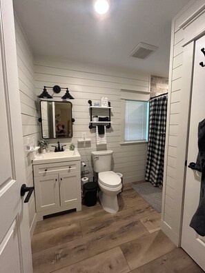 A bathroom with a toilet, sink, mirror, and a shower curtain. - Deer Haven Farmhouse-Cozy 1-Bedroom Cottage in Enchanting High Springs (High Springs)