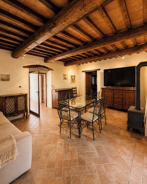 A dining area with a wooden table and chairs, a television, and a fireplace.