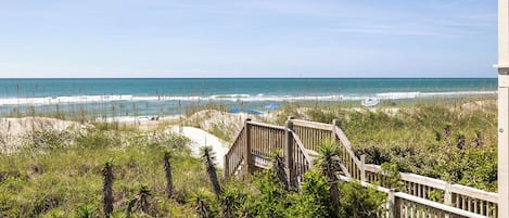 A beach view with a wooden boardwalk leading to the shore, surrounded by dense vegetation.