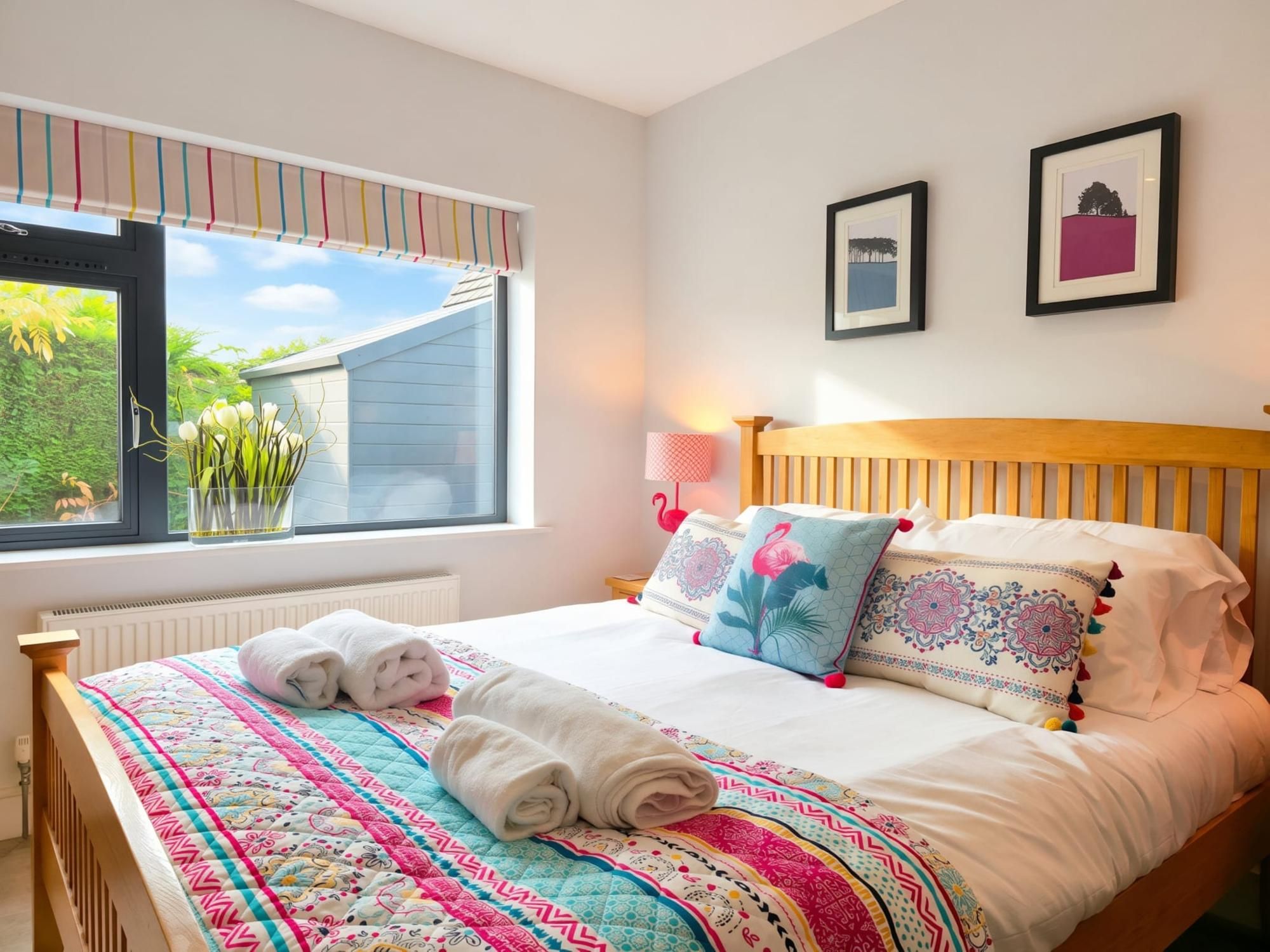 Une chambre avec un grand lit, une fenêtre avec des rideaux, un radiateur et deux tableaux encadrés accrochés au mur.