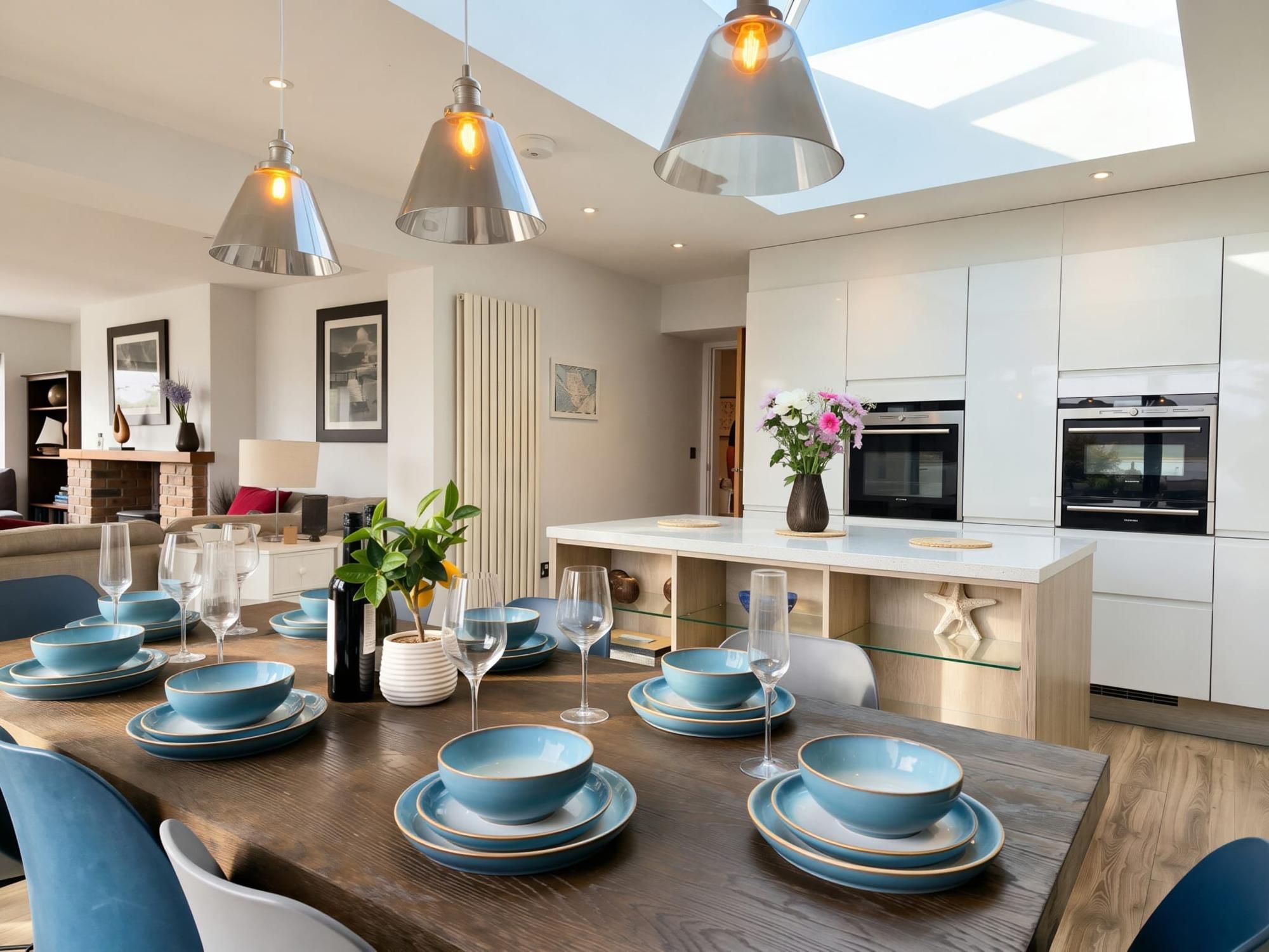 A modern kitchen with white cabinets, a central island, and stainless steel appliances.