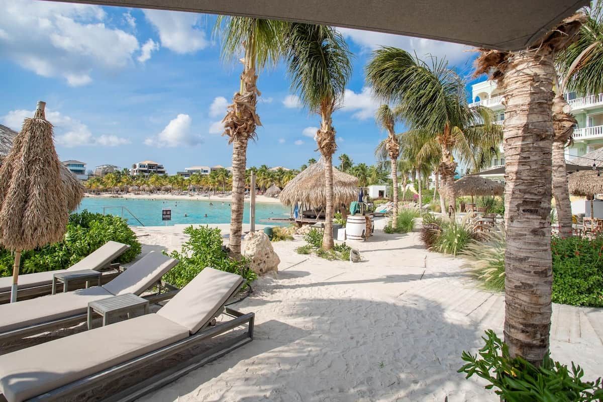 Un complexe hôtelier situé en bord de mer, doté de chaises longues, de palmiers et offrant une vue sur l’océan.