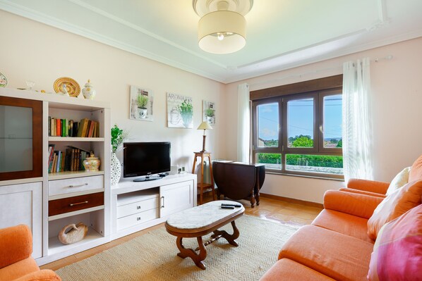 A living room with a television, bookshelf, and a window with a view.