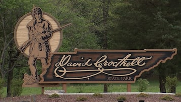 A wooden sign with a carved figure and the name "David Crockett State Park".
