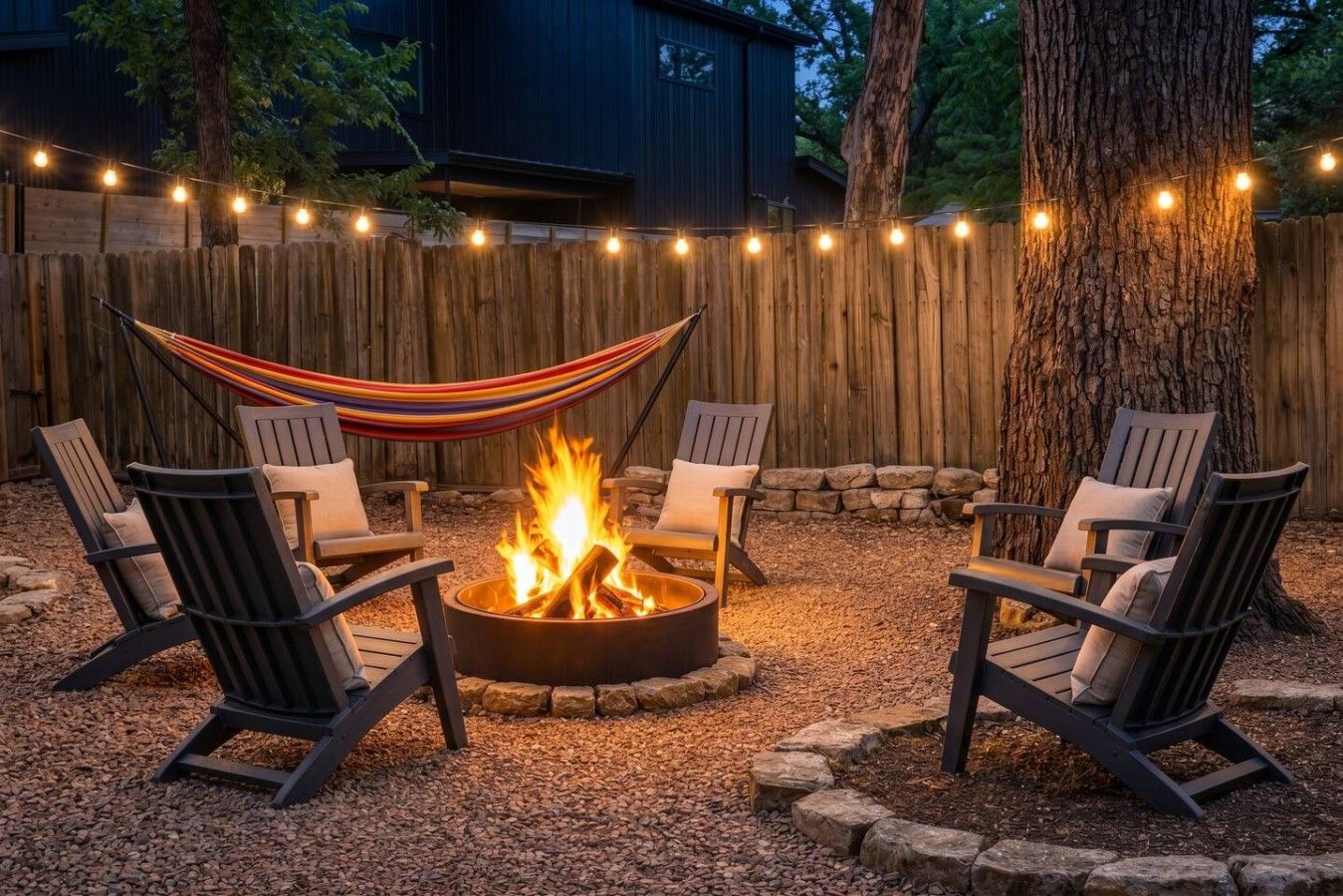 A fire pit with chairs around it, a hammock, and a wooden fence with string lights.