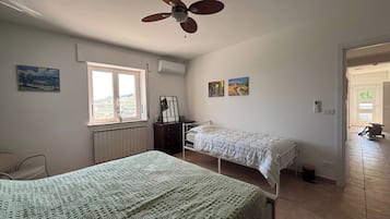 A bedroom with two beds, a ceiling fan, a window with a view, and artwork on the walls.