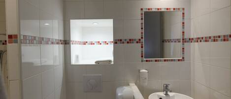 A bathroom with a white sink, a mirror, and a toilet.