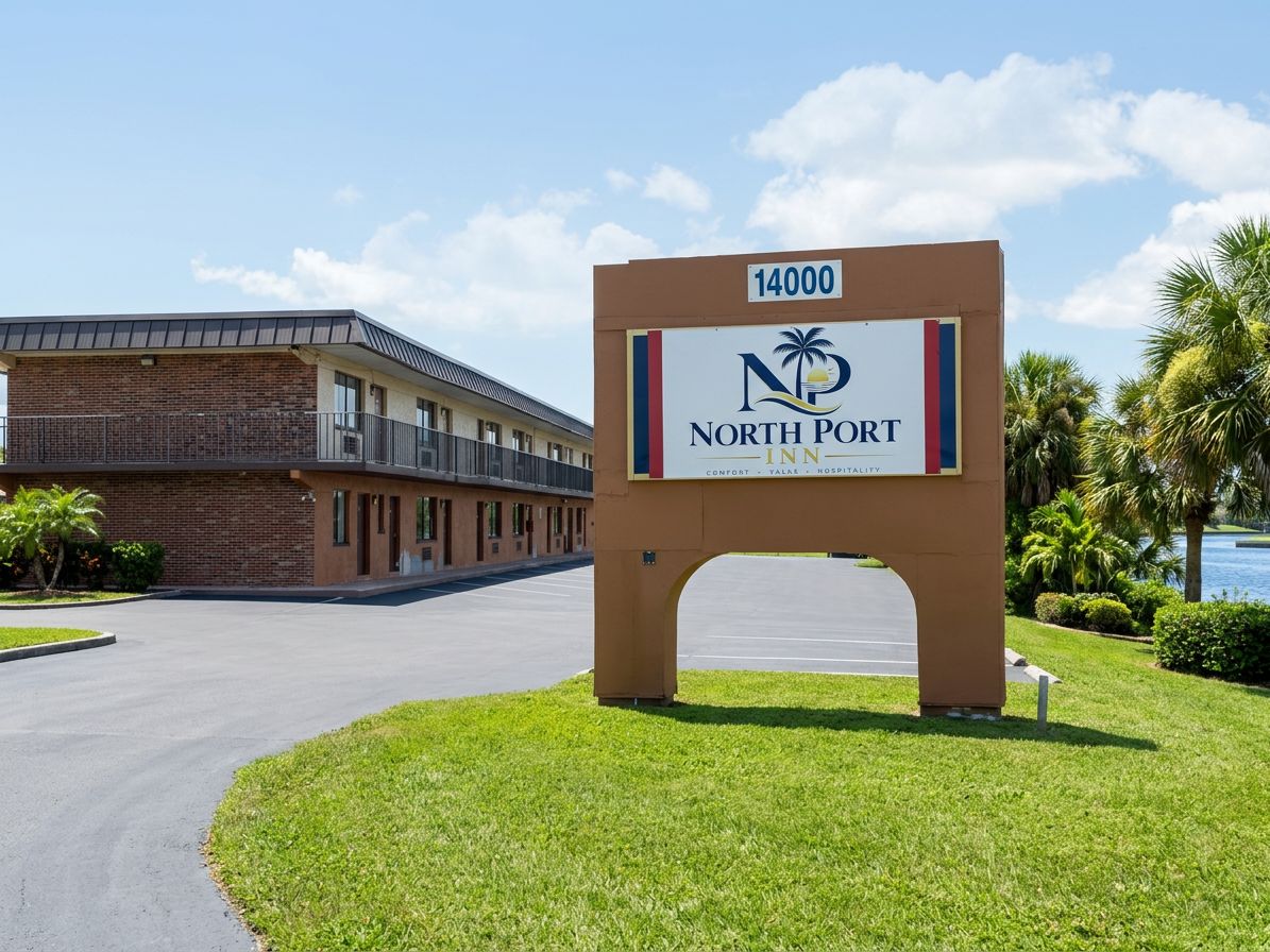 Señal de North Port Inn que muestra el número 14000, indicando la dirección.