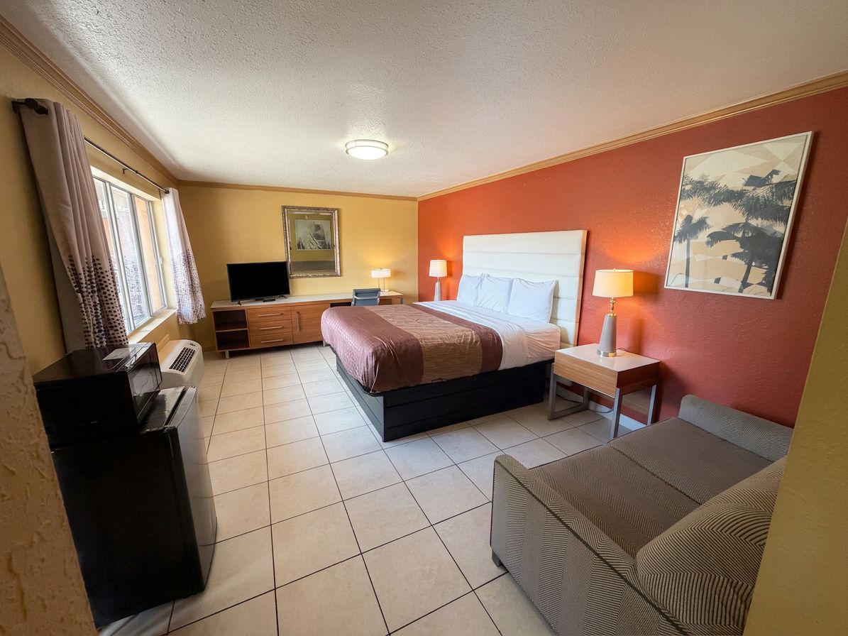 Une chambre d’hôtel avec un lit, un bureau, une chaise, une télévision et un tableau au mur.