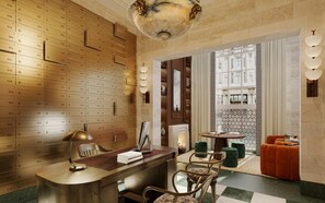 A hotel lobby with a wooden wall, a reception desk, a fireplace, and a view of the city through large windows. - The WestDill Mayfair Hotel London, Colbert Collection (London)