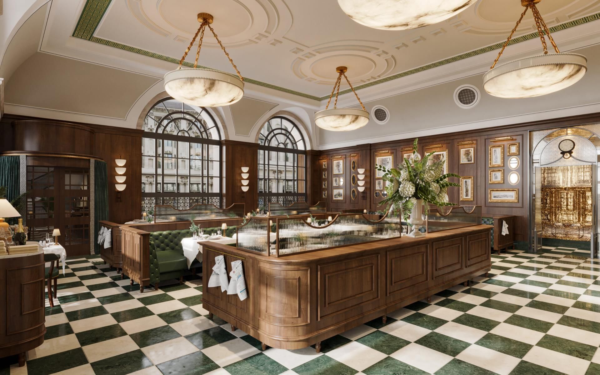 Una cocina amplia con una isla grande, muebles de madera y piso de cuadros.